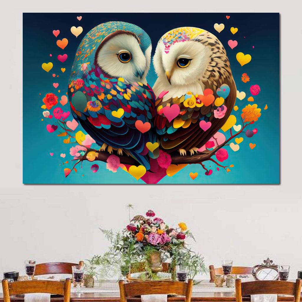 Tablou Canvas Premium LuxCanva® E1022, Bufnitele Iubirii, Bufnite, Conexiune, Iubire, Armonie, Inimi, Living Room, Culori vibrante