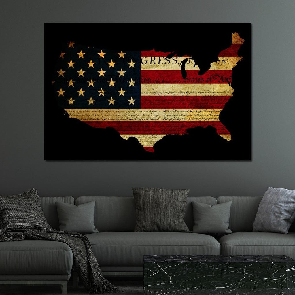 tablou canvas cu steagul si conturul Americii pe fundal negru