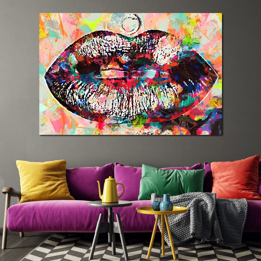 Tablou Canvas Premium LuxCanva® E1028, Sarut Pop Art, Buze, Glamour, Neon, Cromatic, Senzualitate, Living Room, Culori vibrante