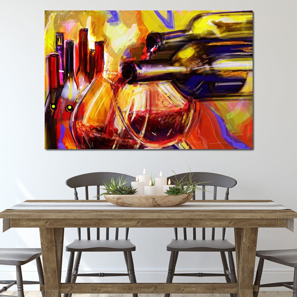 tablou canvas cu sticle de vin si pahare cu vin rosu, pictate multicolor in stil abstract 