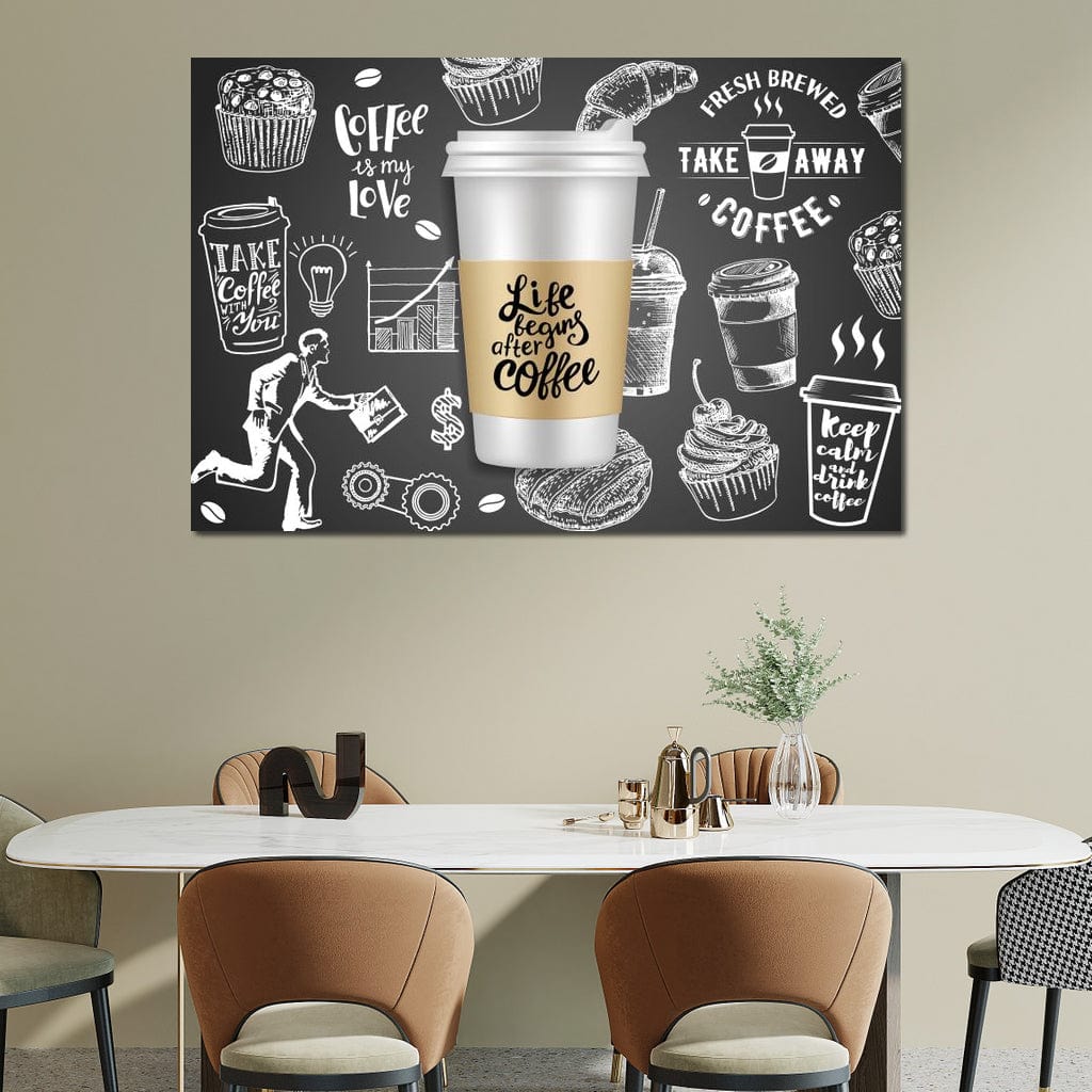 tablou canvas cu o cafea intr-un ambalaj "to-go" pe fundal negru cu diverse desene marcate cu alb