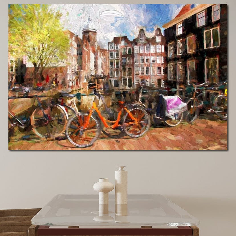Tablou Canvas Premium, LuxCanva® O1012, Boemul Amsterdam, Bicicleta, Simfonie, Culori, Olandez, Canal, Mal, Roti, Farmec, Olanda, Traditie, Turist, Citadin, City, Break, Birou, Living, Dormitor