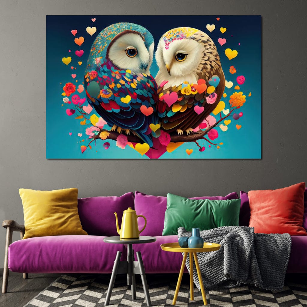 Tablou Canvas Premium LuxCanva® E1022, Bufnitele Iubirii, Bufnite, Conexiune, Iubire, Armonie, Inimi, Living Room, Culori vibrante