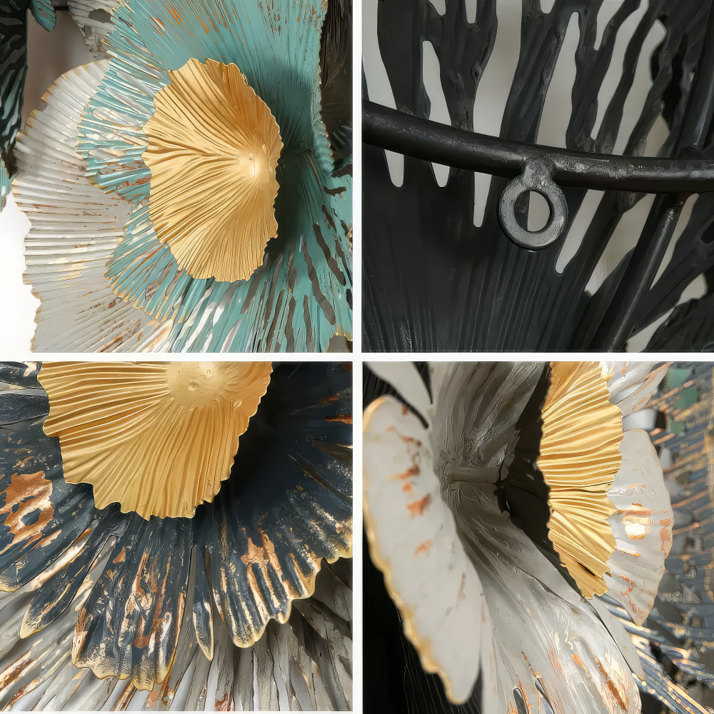 Decoratiune Metalica de Perete LuxCanva® FloraHarmony A0662, din Metal, Orizontala, Auriu, Alb, Negru, Verde, Dimensiune Mare 159 × 74 x 11 cm