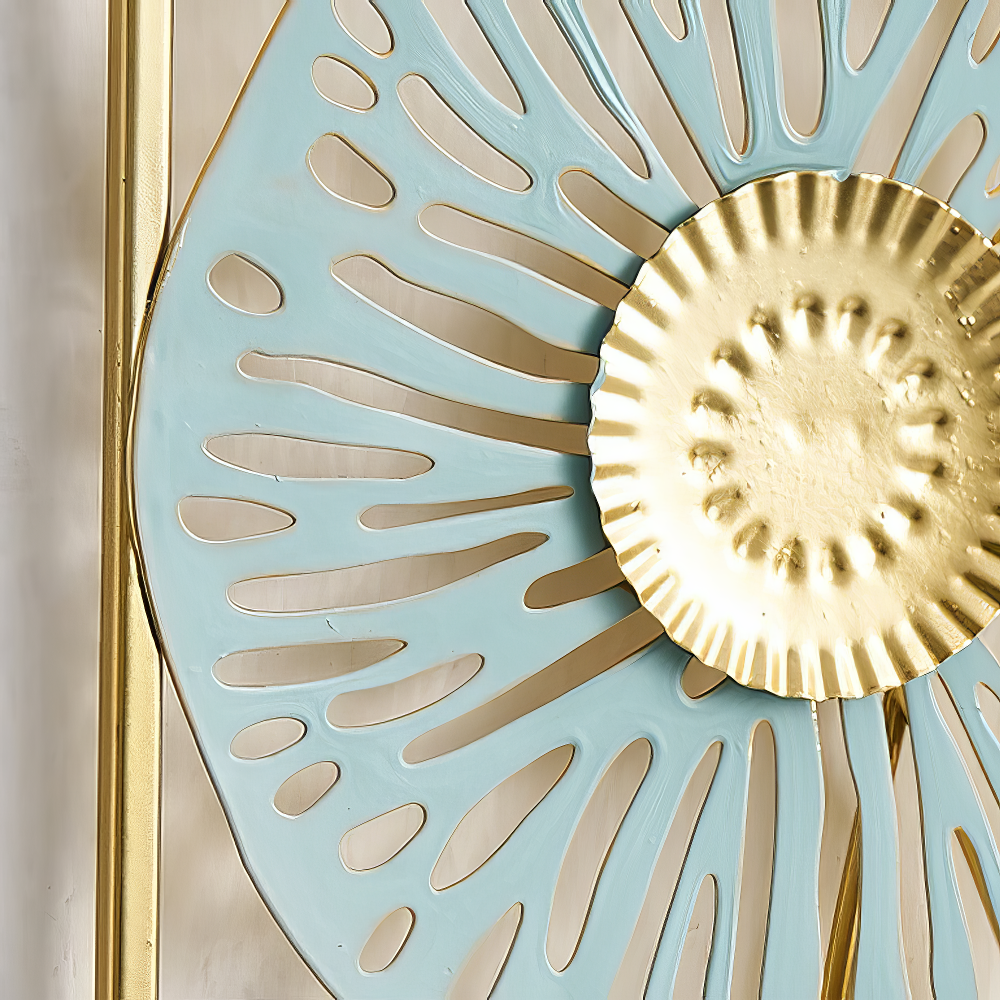 Decoratiune Metalica de Perete LuxCanva® BloomFrame A2920, din Metal, Verticala, Albastru, Auriu, Argintiu, 22 × 60 x 2 cm