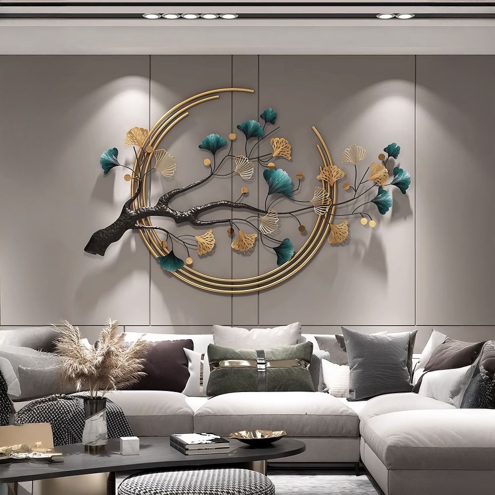 Decoratiune Metalica de Perete LuxCanva® Aurora Branch A0899, din Metal, Orizontala, Auriu, Verde, Negru, Dimensiune Mare 60 × 110 cm