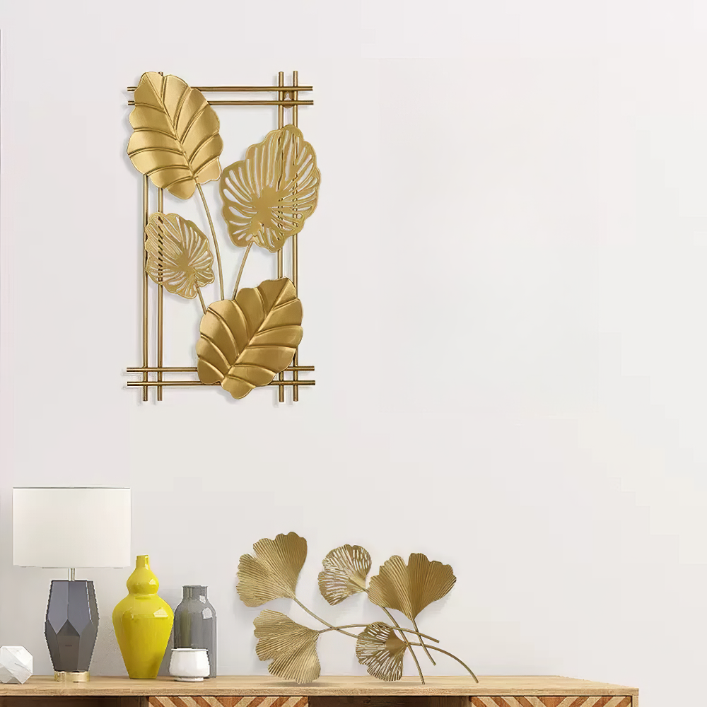 Decoratiune Metalica de Perete LuxCanva® 4Leafs Frame A2931, din Metal, Verticala, Auriu, Dimensiune Mare 30 × 45 × 2 cm