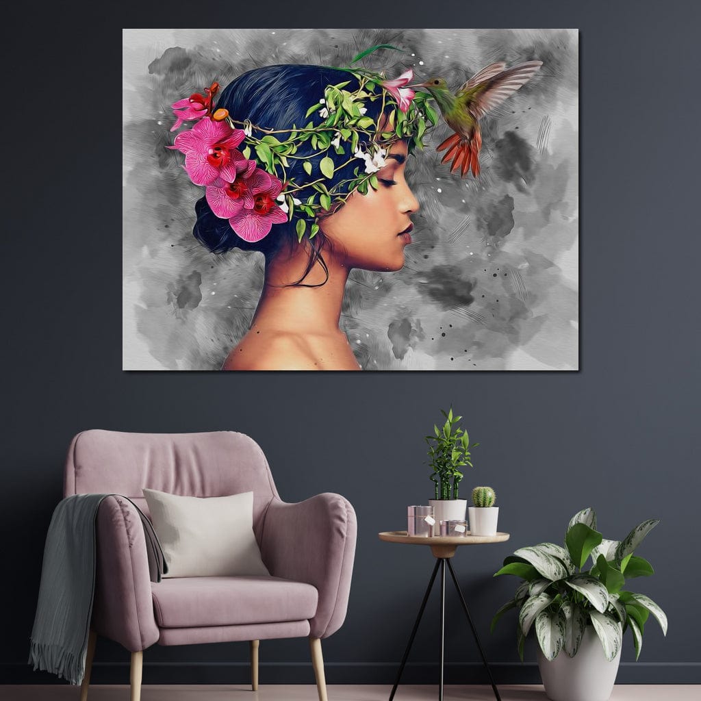 Tablou Canvas Premium, LuxCanva® G1107, Fata si Pasarea Colibri, Natura, Pasare, Flori, Aripi, Poetic, Frumusete, Feminitate, Zbor, Living, Dormitor