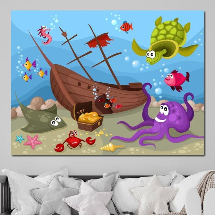 Tablou Canvas Premium, LuxCanva® K1023, Prietenii Marii, Comoara, Adancuri, Aventuri, Mare, Epava, Gradinita, Fermecata, Oceanic, Cresa, Corabie, Pesti, Crabi, Caracatita, Camera Copii
