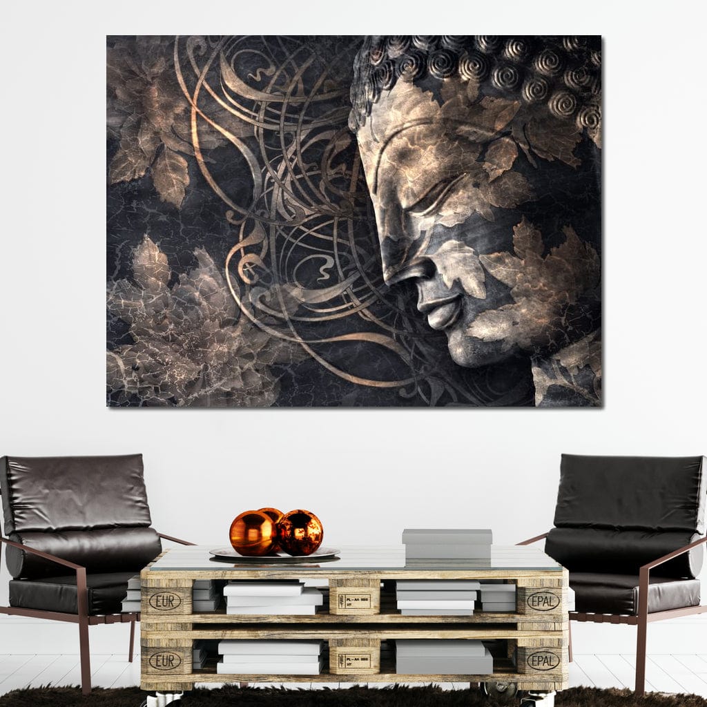 Tablou Canvas Premium LuxCanva® I117, Ganduri din Piatra, Buddha, Echilibru, Meditatie, Zen, Frunze, Ritual, Sacralitate, Fum, Esenta, Armonie, Timp