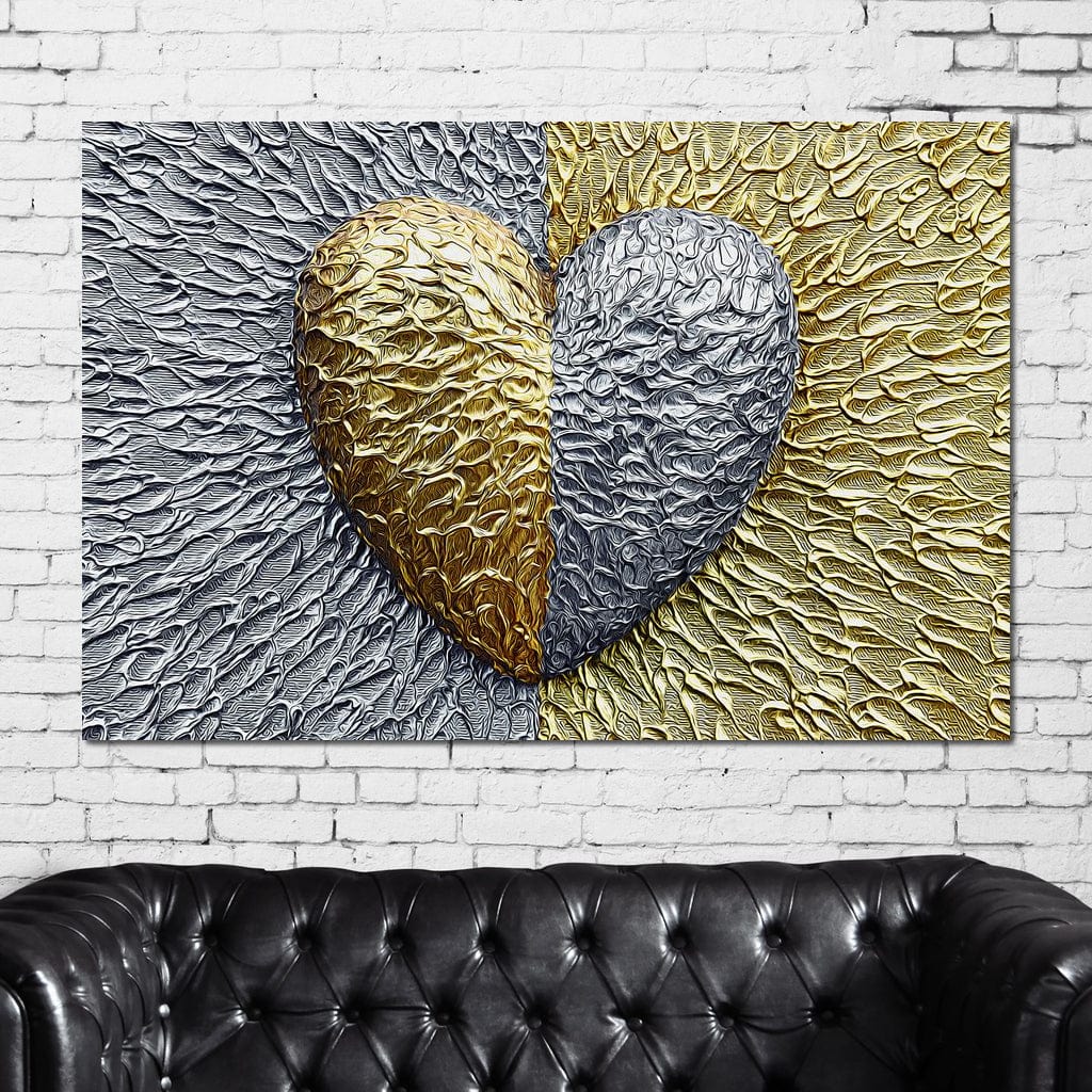 Tablou Canvas Premium LuxCanva® E1053, Inima Dualitatii, Aur, Argint, Stralucire, Textura, Simbolism, Living Room, Culori vibrante