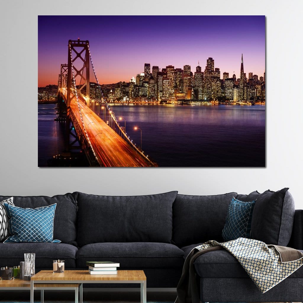 Tablou Canvas Premium, LuxCanva® O1002, San Francisco Skyline, Pod, Noapte, Oras, Lumini, Coasta, Vest, California, Vis, Urban, Apus, Violet, Iconic, Vacanta, Calatorie, Birou, Living, Dormitor