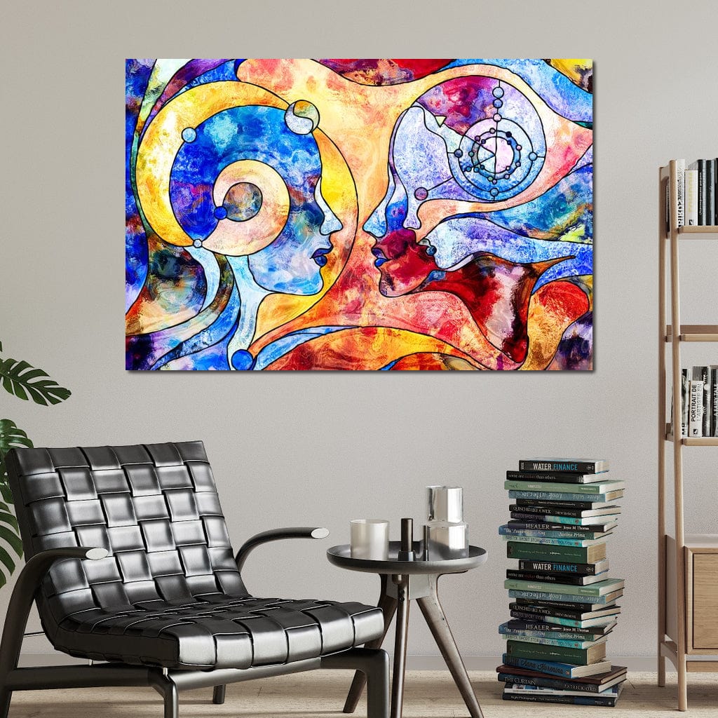 Tablou Canvas Premium, LuxCanva® E1030, Dialogul Sufletelor, Dualitate, Mister, Chipuri, Spiritual, Pereche, Living Room, Culori vibrante