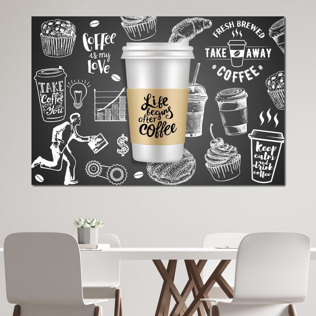 tablou canvas cu o cafea intr-un ambalaj "to-go" pe fundal negru cu diverse desene marcate cu alb