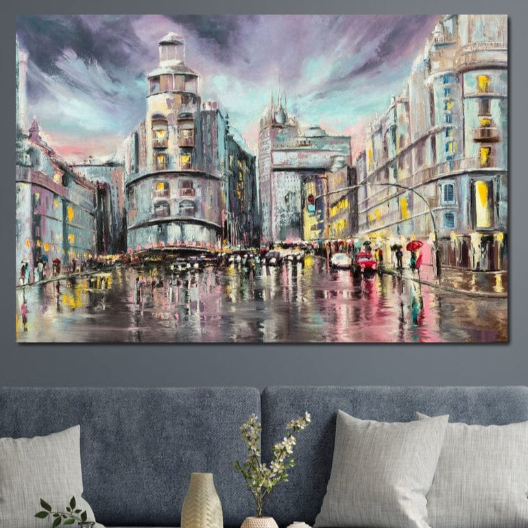 Tablou Canvas Premium, LuxCanva® O1009, Avenue in Lumina, Reflexii, Urban, Oras, Ploaie, Europa, Strada, Vibratie, Magie, Umbrela, Arhitectura, Citadin, Pictura, Vacanta, Birou, Living, Dormitor