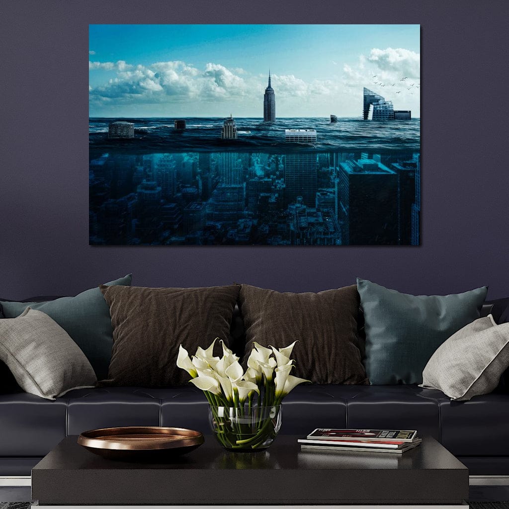 Tablou Canvas Premium, LuxCanva® O1060, Scufundarea Metropolei, Oras, Inecat, Ocean, Adancuri, Colaps, Valuri, Ruina, Eternitate, Abis, Fragil, Apus, New York, Cladiri, Ocean, Birou, Living, Dormitor