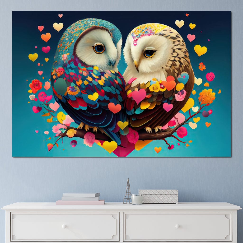 Tablou Canvas Premium LuxCanva® E1022, Bufnitele Iubirii, Bufnite, Conexiune, Iubire, Armonie, Inimi, Living Room, Culori vibrante