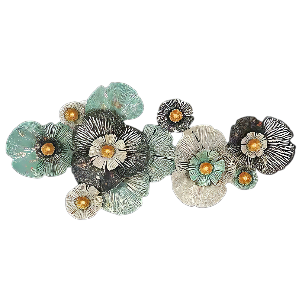 Decoratiune Metalica de Perete LuxCanva® FloraHarmony A0662, din Metal, Orizontala, Auriu, Alb, Negru, Verde, Dimensiune Mare 159 × 74 x 11 cm