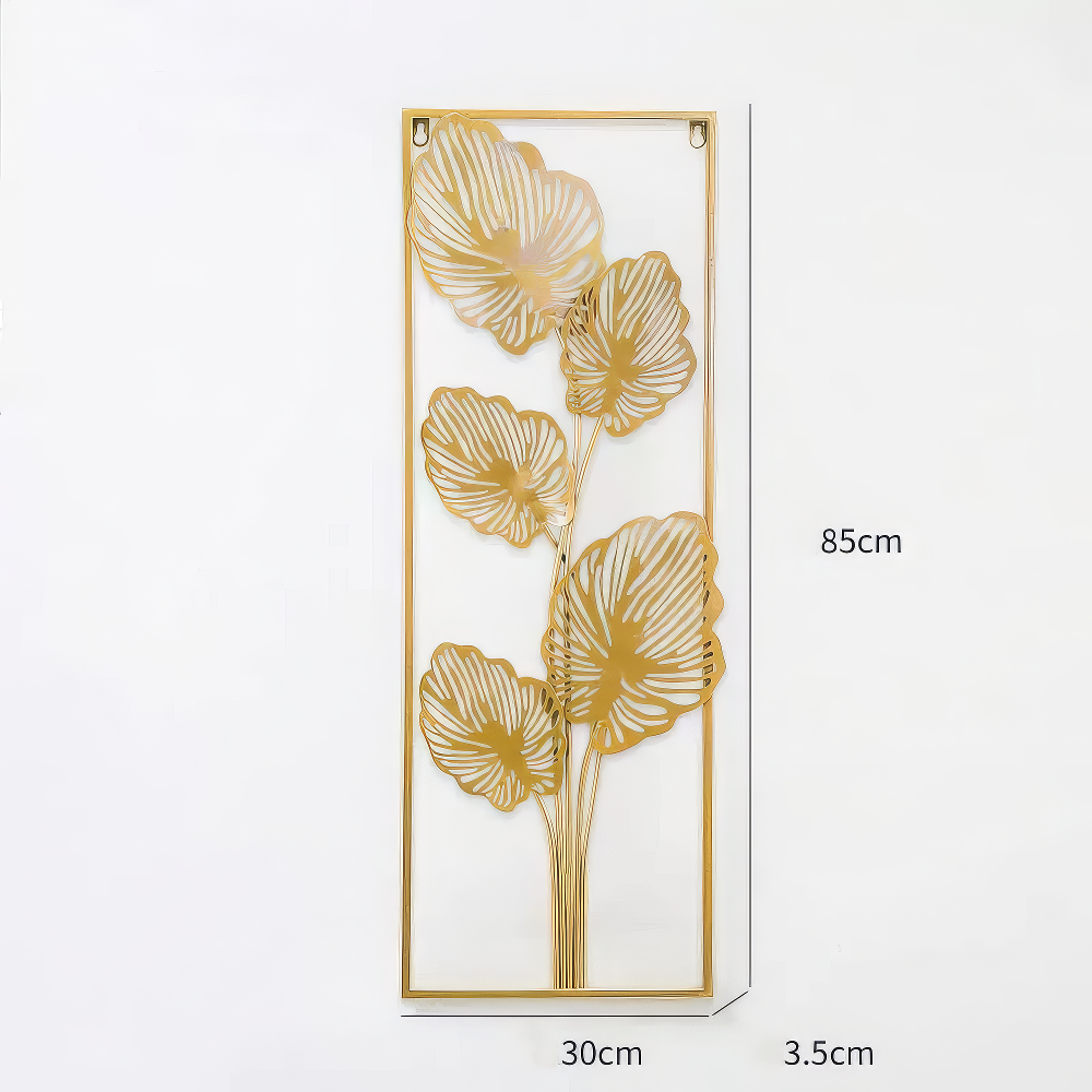 Decoratiune Metalica de Perete LuxCanva® Golden Leafs Contour A2923L, din Metal, Verticala, Auriu, Dimensiune Mare 30 × 85 × 3.5 cm