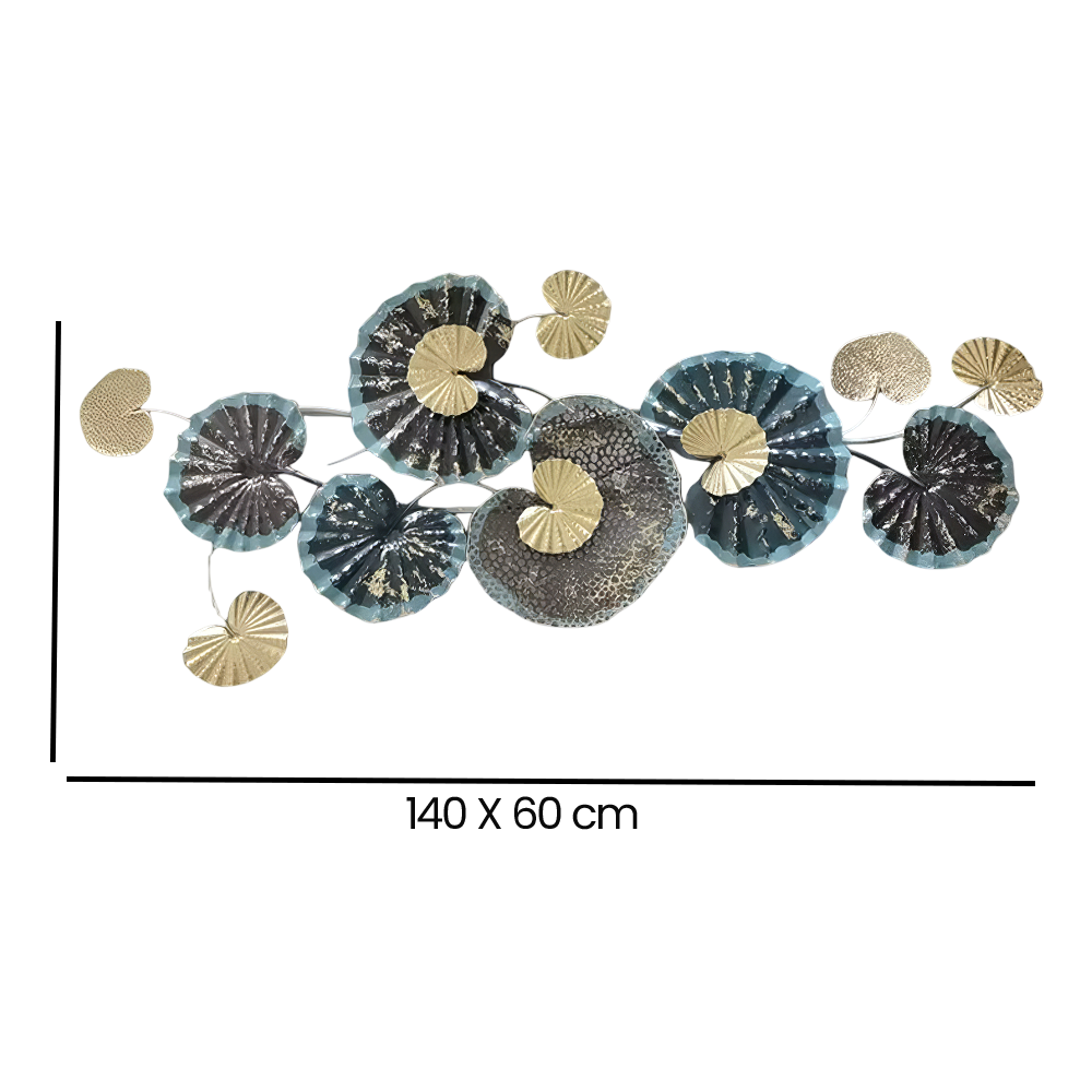 Decoratiune Metalica de Perete LuxCanva® Ocean Flowers A2412, din Metal, Albastru, Orizontala, Auriu, Argintiu, Dimensiune Mare 140 x 60 cm