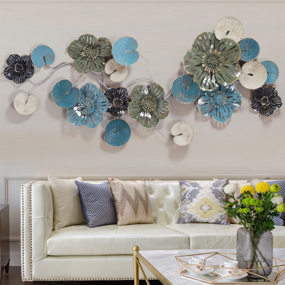 Decoratiune Metalica de Perete LuxCanva® OceanWhisper A0391, din Metal, Orizontala, Albastru, Auriu, Alb, Negru, Dimensiune Mare 157 x 70 x 7 cm