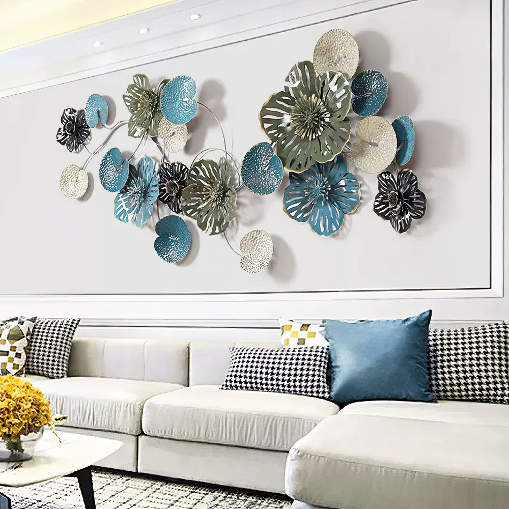 Decoratiune Metalica de Perete LuxCanva® OceanWhisper A0391, din Metal, Orizontala, Albastru, Auriu, Alb, Negru, Dimensiune Mare 157 x 70 x 7 cm