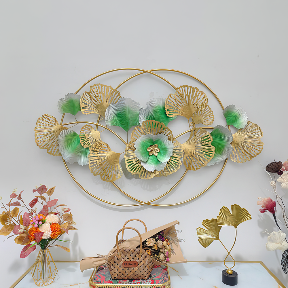 Decoratiune Metalica de Perete LuxCanva® Golden Bloom A0821, din Metal, Orizontala, Auriu, Verde, Gri, Dimensiune Mare 120 x 75 cm