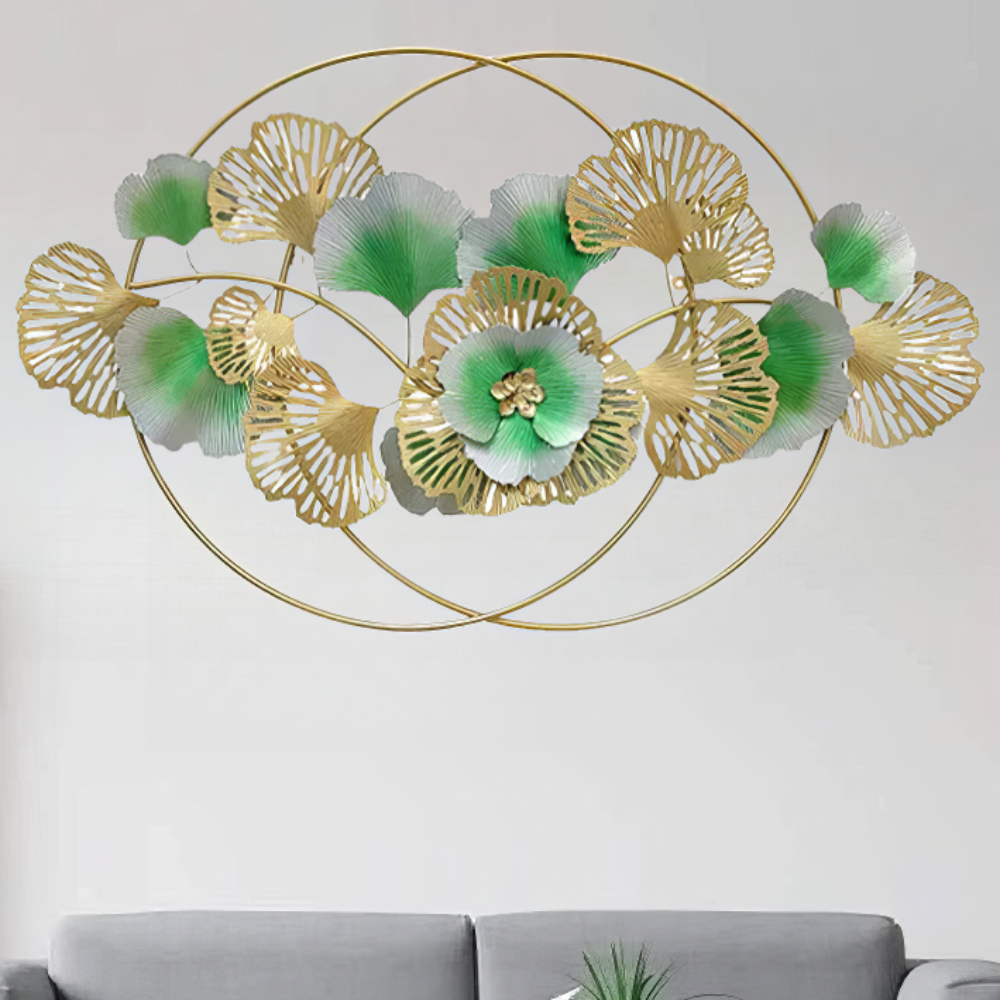 Decoratiune Metalica de Perete LuxCanva® Golden Bloom A0821, din Metal, Orizontala, Auriu, Verde, Gri, Dimensiune Mare 120 x 75 cm