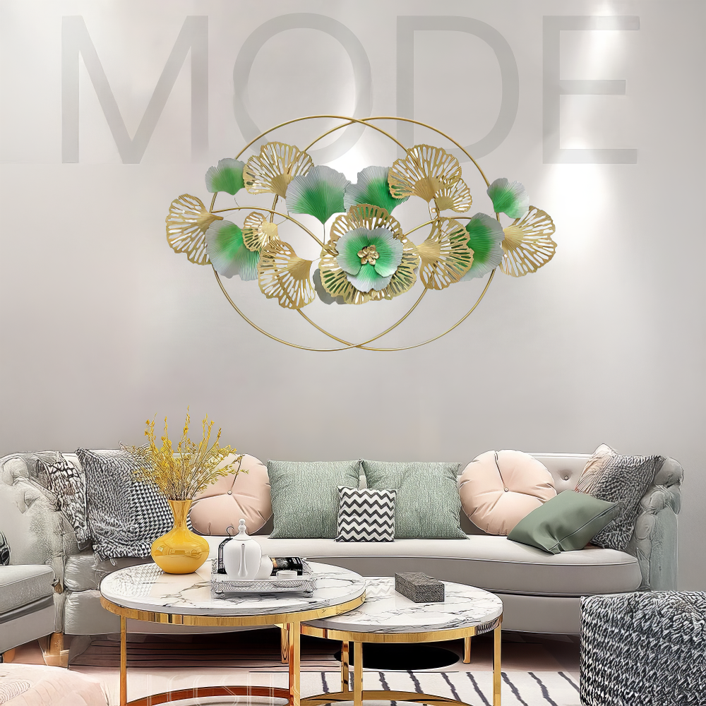 Decoratiune Metalica de Perete LuxCanva® Golden Bloom A0821, din Metal, Orizontala, Auriu, Verde, Gri, Dimensiune Mare 120 x 75 cm