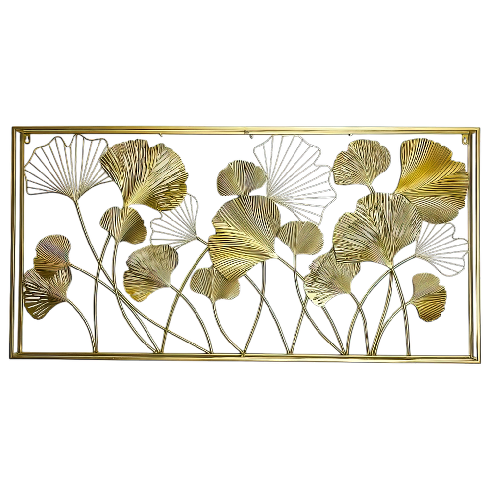 Decoratiune Metalica de Perete LuxCanva® GinkgoAura A0823, din Metal, Orizontala, Auriu, Dimensiune Mare 125 x 60 cm