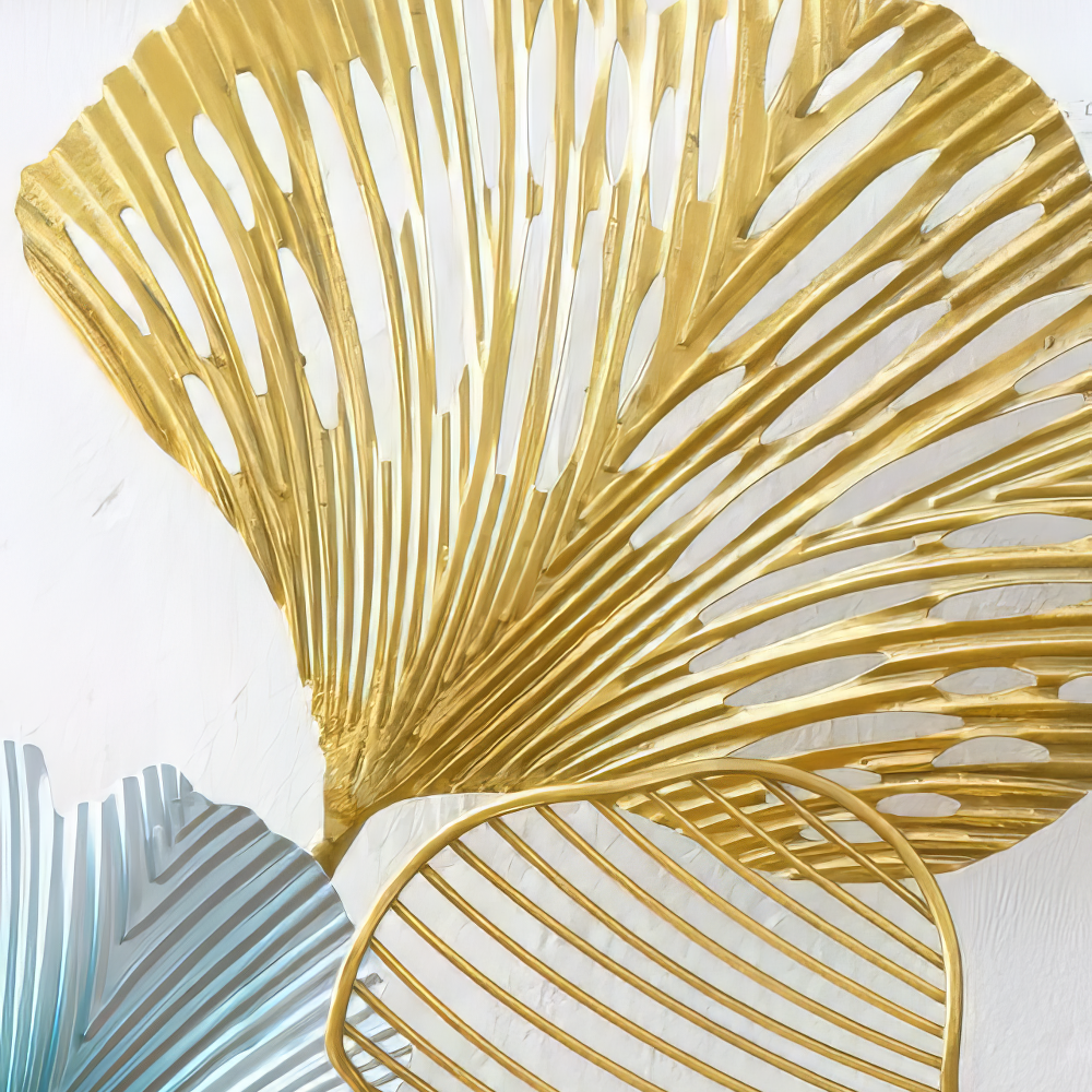 Decoratiune Metalica de Perete LuxCanva® GinkgoAura A0823, din Metal, Orizontala, Auriu, Dimensiune Mare 125 x 60 cm
