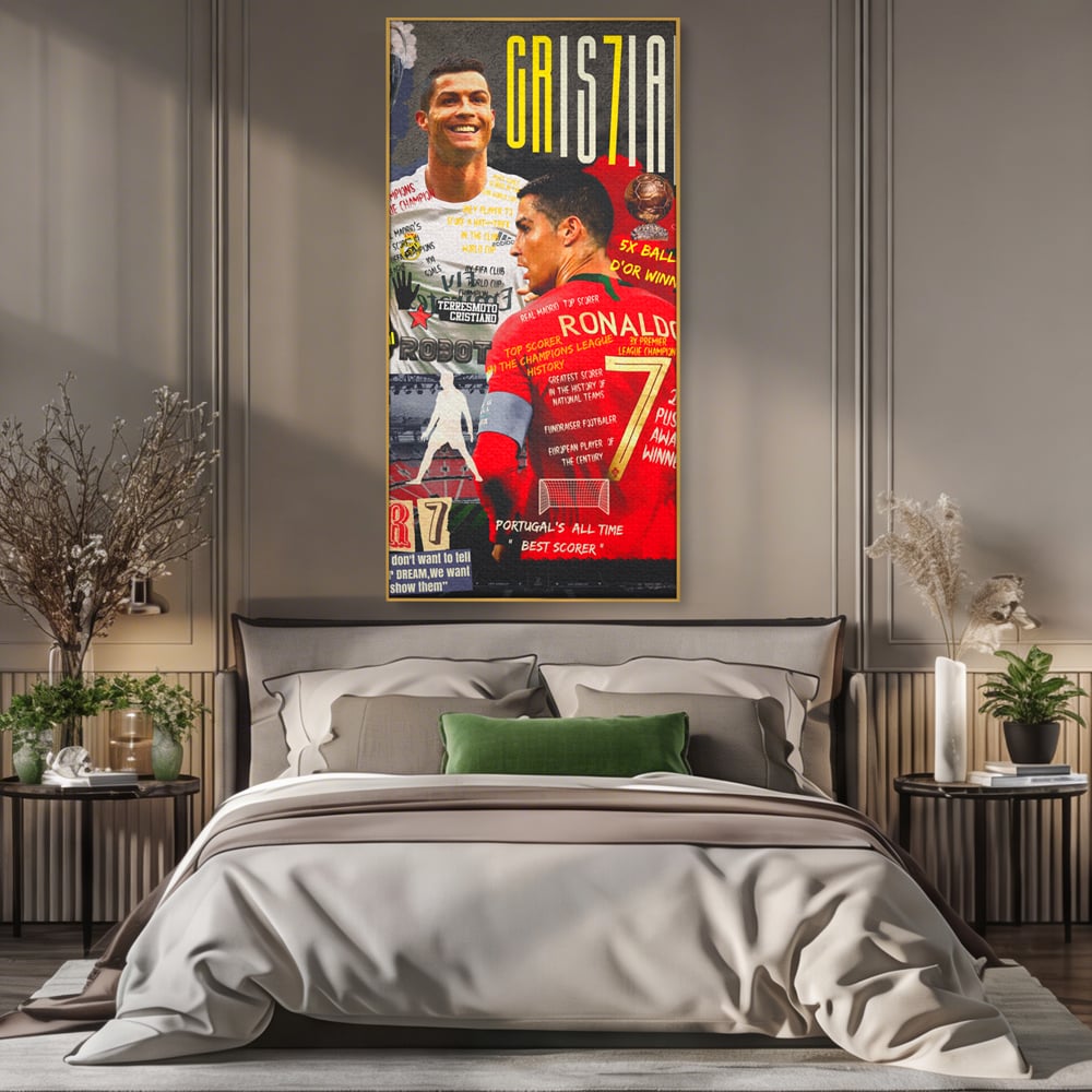 Tablou canvas cu tablou canvas cu cristiano ronaldo, in rama de aluminiu auriu, pe perete intr-un dormitor