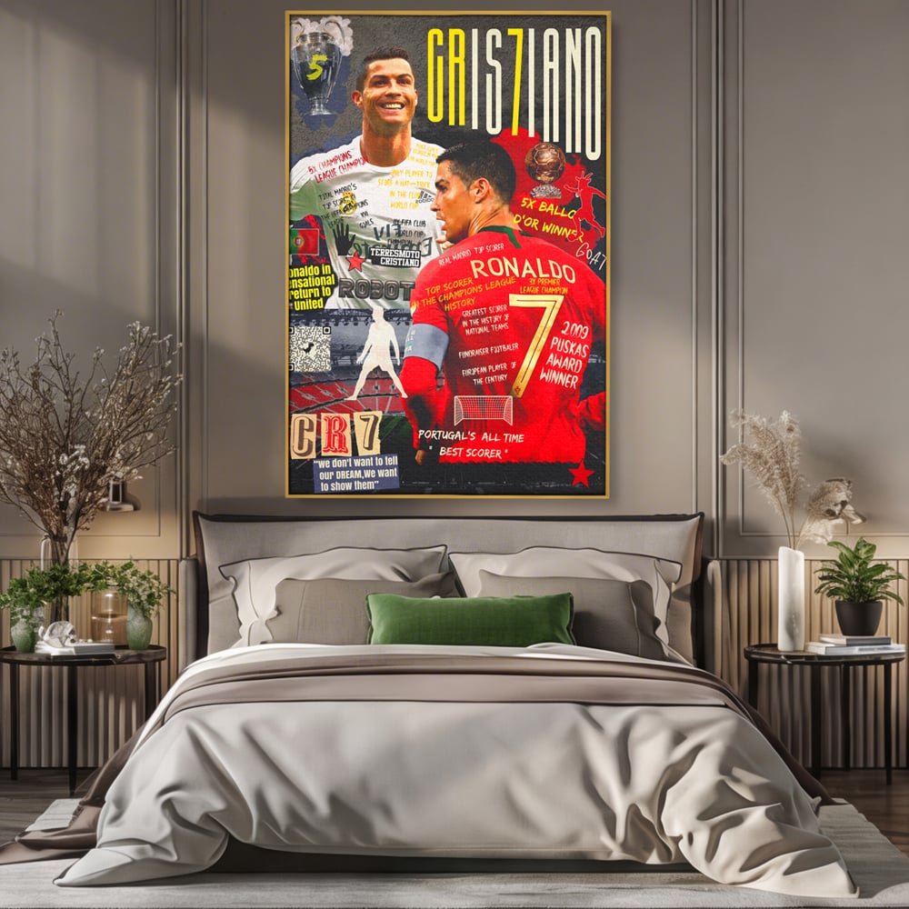 Tablou canvas cu tablou canvas cu cristiano ronaldo, in rama de aluminiu auriu, pe perete intr-un dormitor
