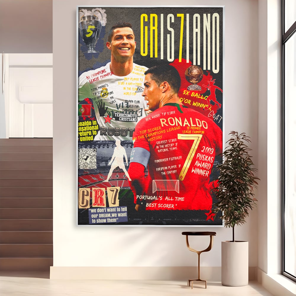 Tablou canvas cu tablou canvas cu cristiano ronaldo, in rama de aluminiu argintiu