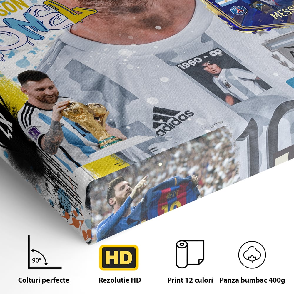 Detaliu al suprafetei: tablou canvas cu lionel messi, fara rama, pe sasiu de lemn