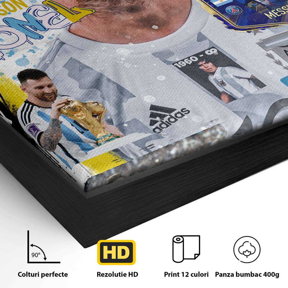 Detaliu al suprafetei: tablou canvas cu lionel messi, in rama de aluminiu negru