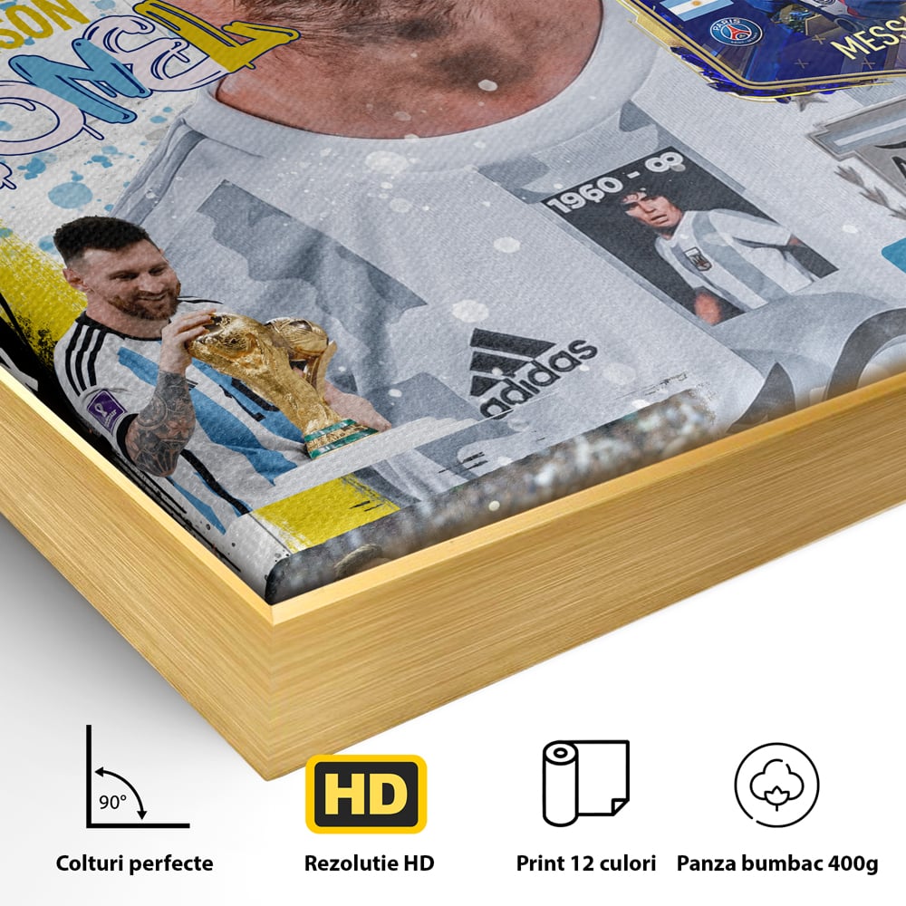 Detaliu al suprafetei: tablou canvas cu lionel messi, in rama de aluminiu auriu