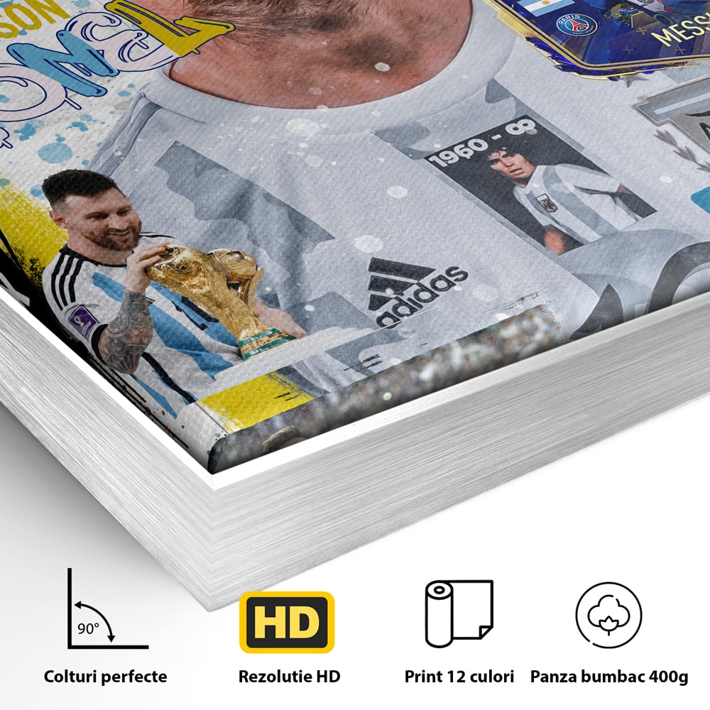 Detaliu al suprafetei: tablou canvas cu lionel messi, in rama de aluminiu argintiu