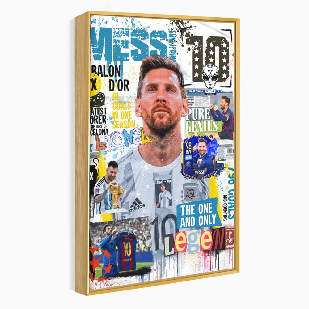 Tablou canvas cu tablou canvas cu lionel messi, in rama de aluminiu auriu