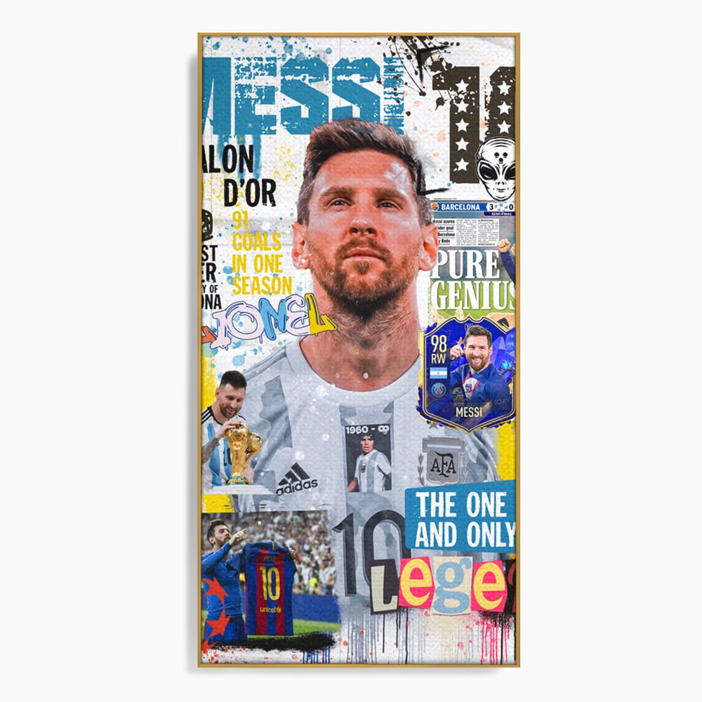 Tablou canvas cu tablou canvas cu lionel messi, in rama de aluminiu auriu