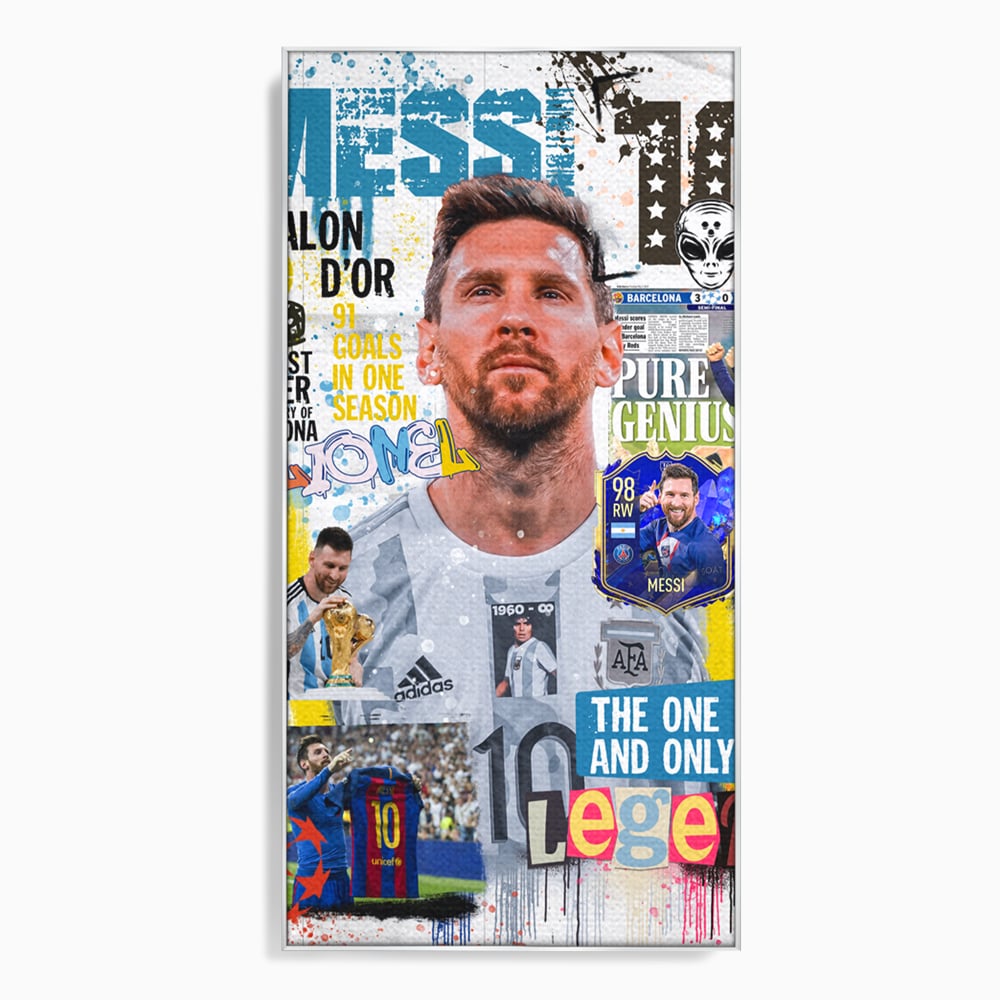 Tablou canvas cu tablou canvas cu lionel messi, in rama de aluminiu argintiu