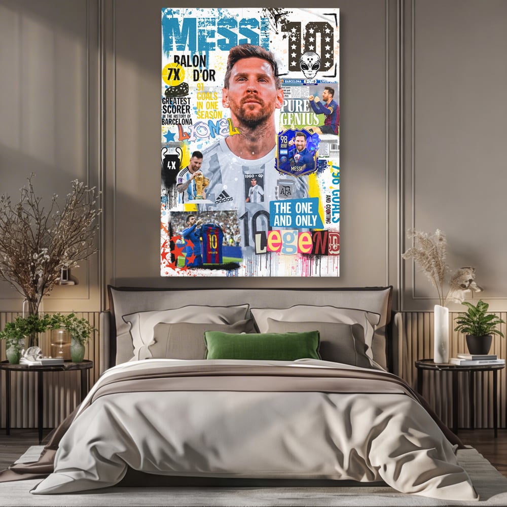 Tablou canvas cu tablou canvas cu lionel messi, fara rama, pe sasiu de lemn, pe perete intr-un dormitor