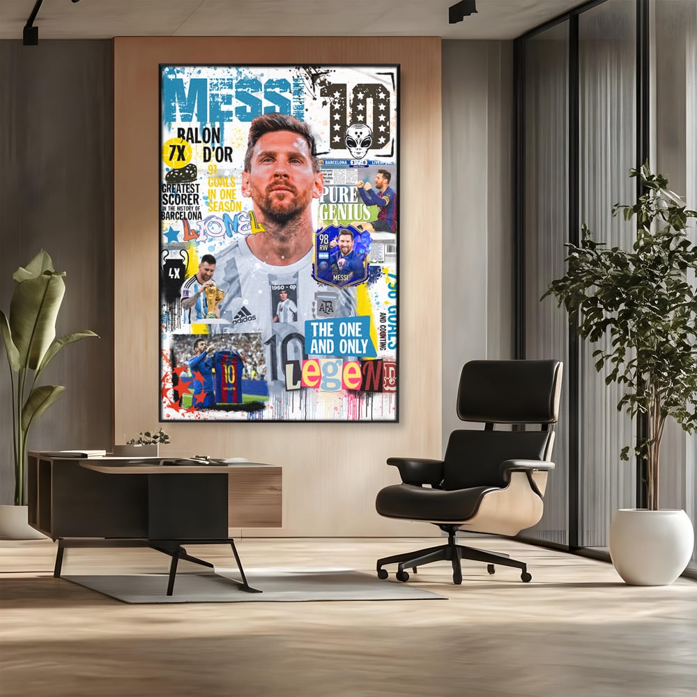Tablou canvas cu tablou canvas cu lionel messi, in rama de aluminiu negru, pe perete intr-un birou