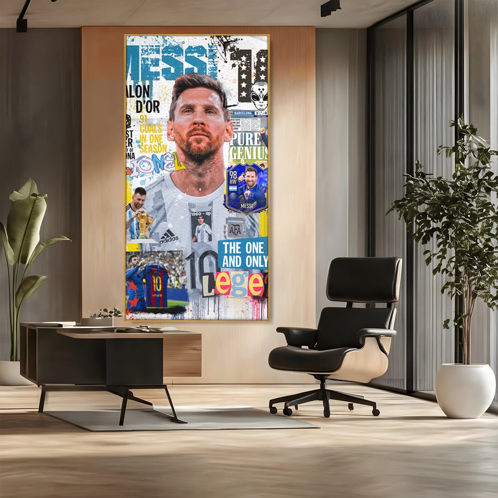 Tablou canvas cu tablou canvas cu lionel messi, in rama de aluminiu auriu, pe perete intr-un birou