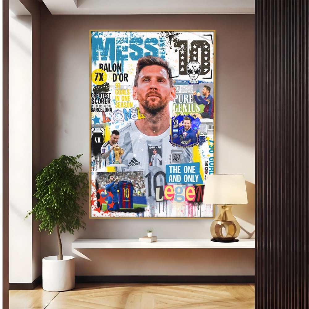 Tablou canvas cu tablou canvas cu lionel messi, in rama de aluminiu auriu