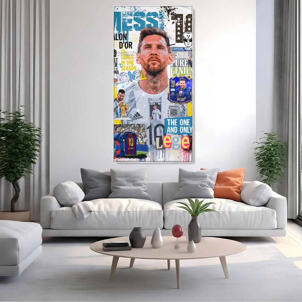 Tablou canvas cu tablou canvas cu lionel messi, in rama de aluminiu argintiu, pe perete intr-un living