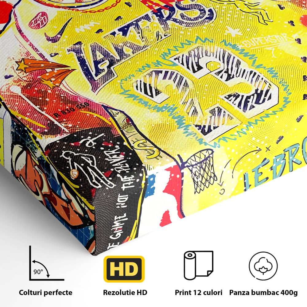 Detaliu al suprafetei: tablou canvas cu portretul lui lebron james, fara rama, pe sasiu de lemn