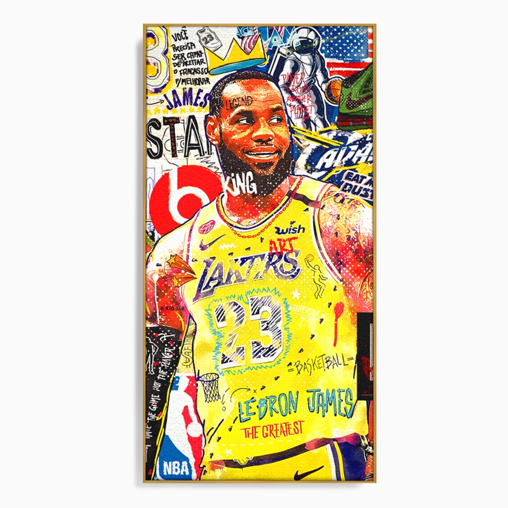 Tablou canvas cu tablou canvas cu portretul lui lebron james, in rama de aluminiu auriu