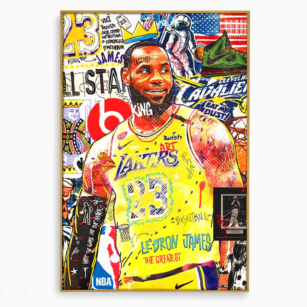 Tablou canvas cu tablou canvas cu portretul lui lebron james, in rama de aluminiu auriu