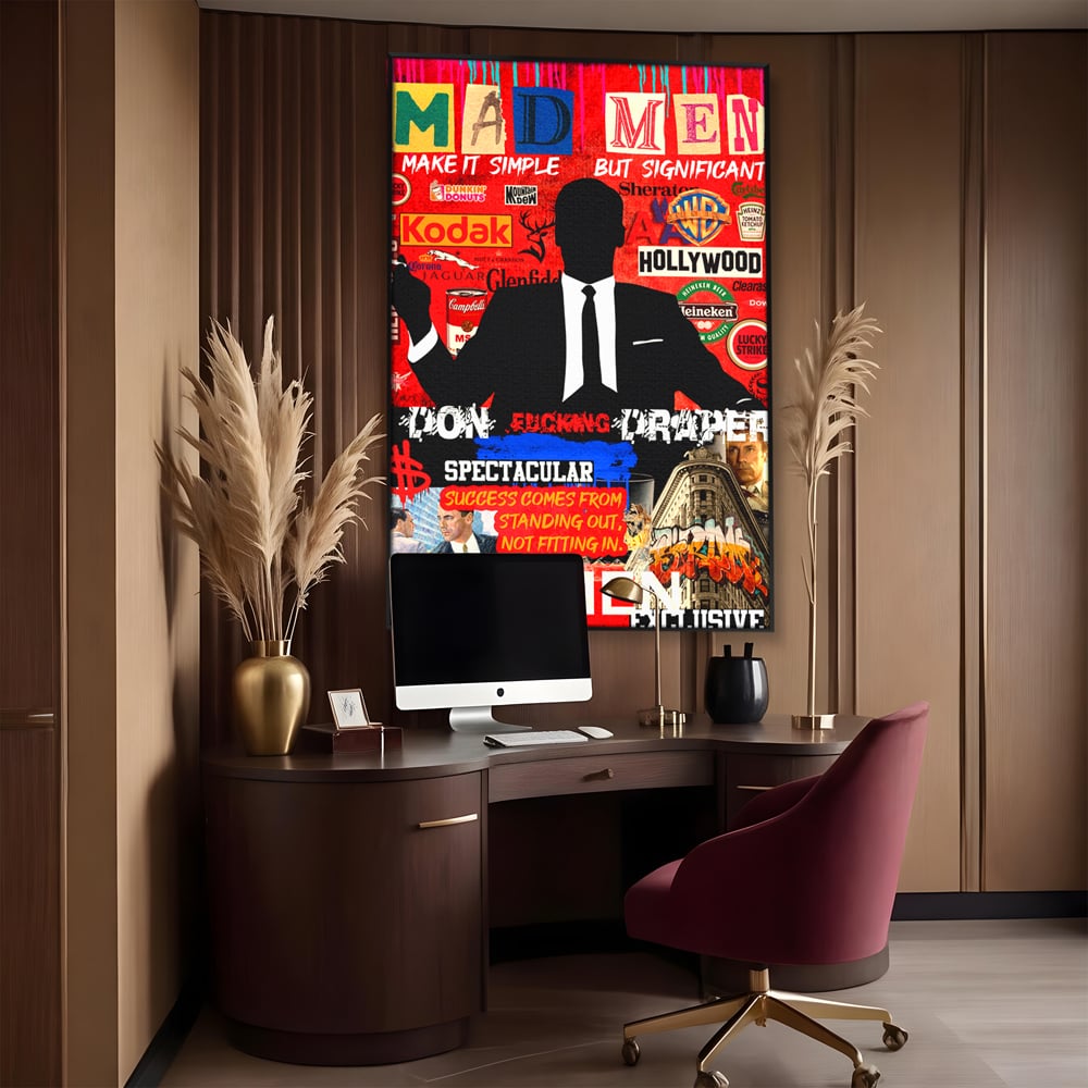 Tablou canvas cu tablou canvas cu silueta don draper, in rama de aluminiu negru, pe perete intr-un birou